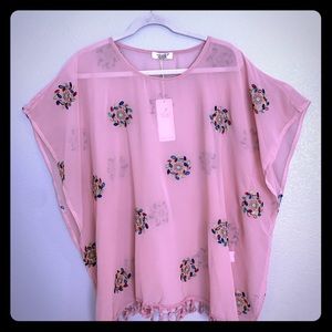 Tunic Floral Embroidered Sheer With Tassels OS NWT